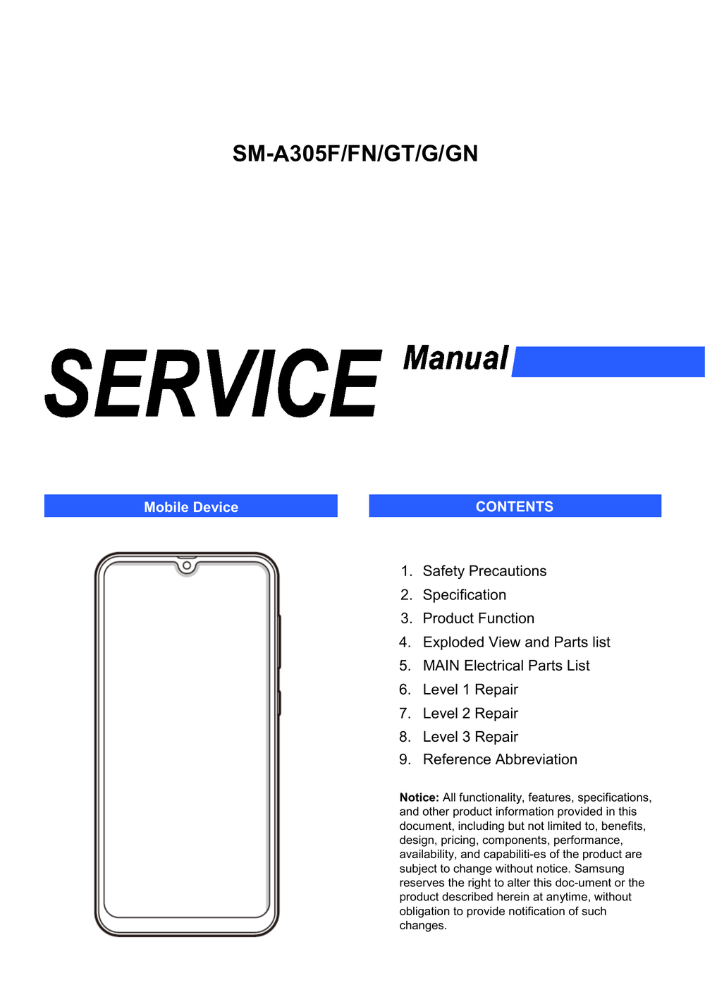 Galaxy A30 SM-A305F_SVC_MANUAL包含一二三级维修指南_decrypted(A30(SM-A305F)).pdf-第1页.png