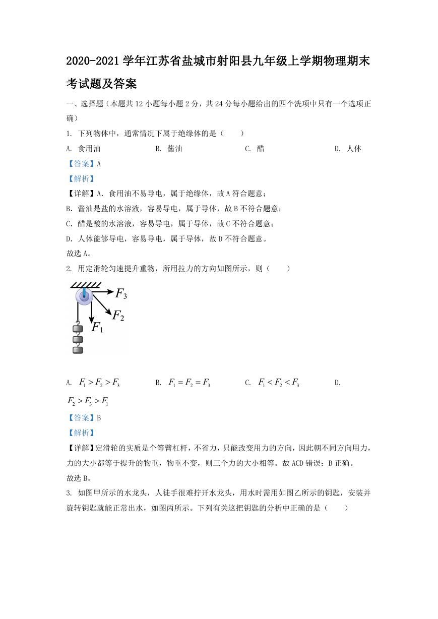 2020-2021学年江苏省盐城市射阳县九年级上学期物理期末考试题及答案.doc