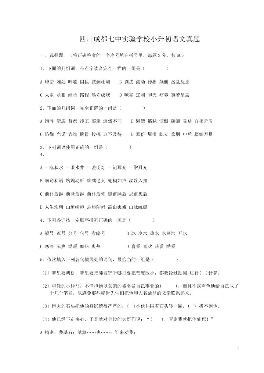 四川成都七中实验学校小升初语文真题.doc