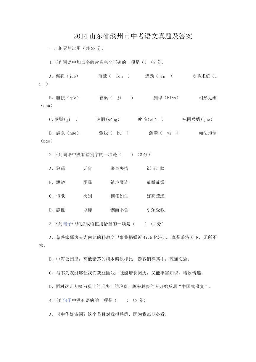 2014山东省滨州市中考语文真题及答案.doc