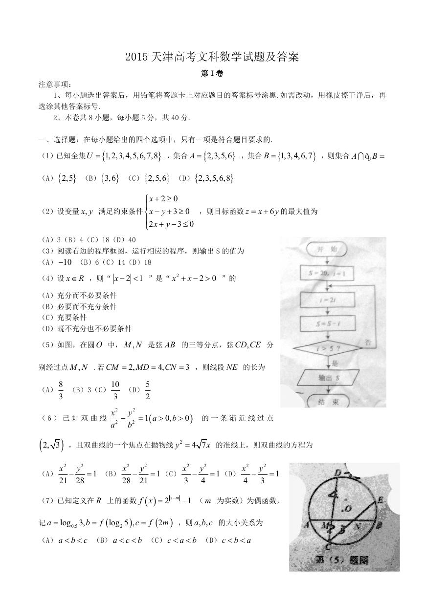 2015天津高考文科数学试题及答案.doc