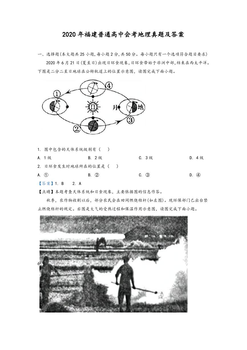2020年福建普通高中会考地理真题及答案.doc