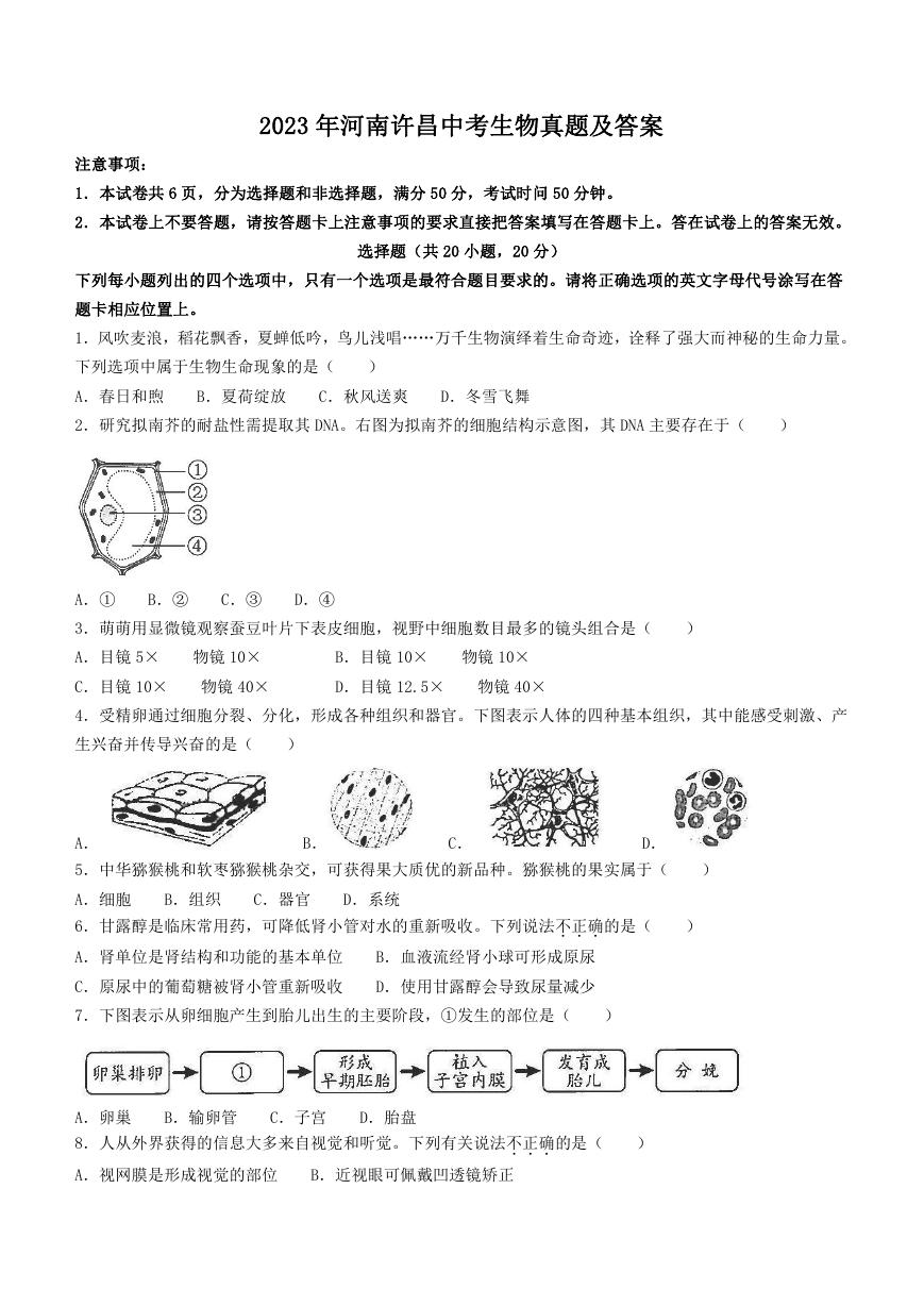 2023年河南许昌中考生物真题及答案.doc