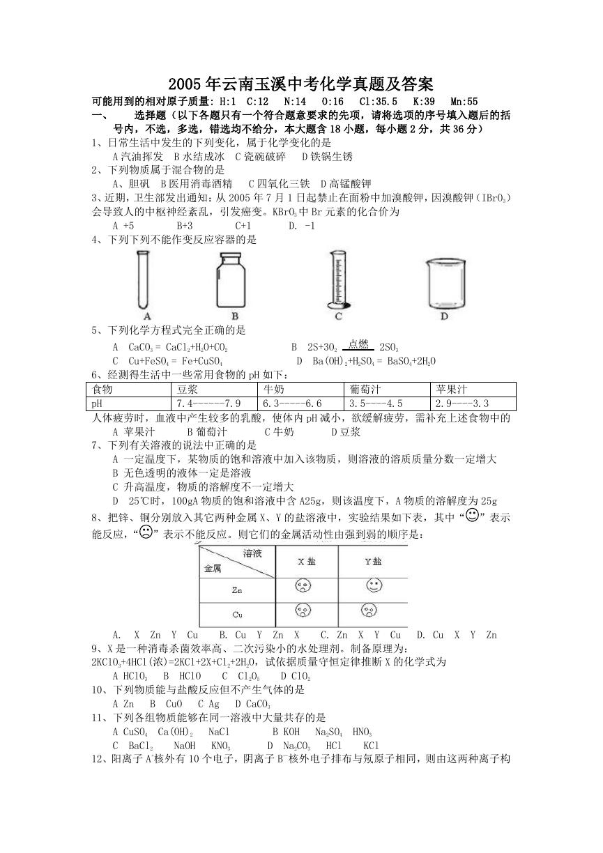 2005年云南玉溪中考化学真题及答案.doc
