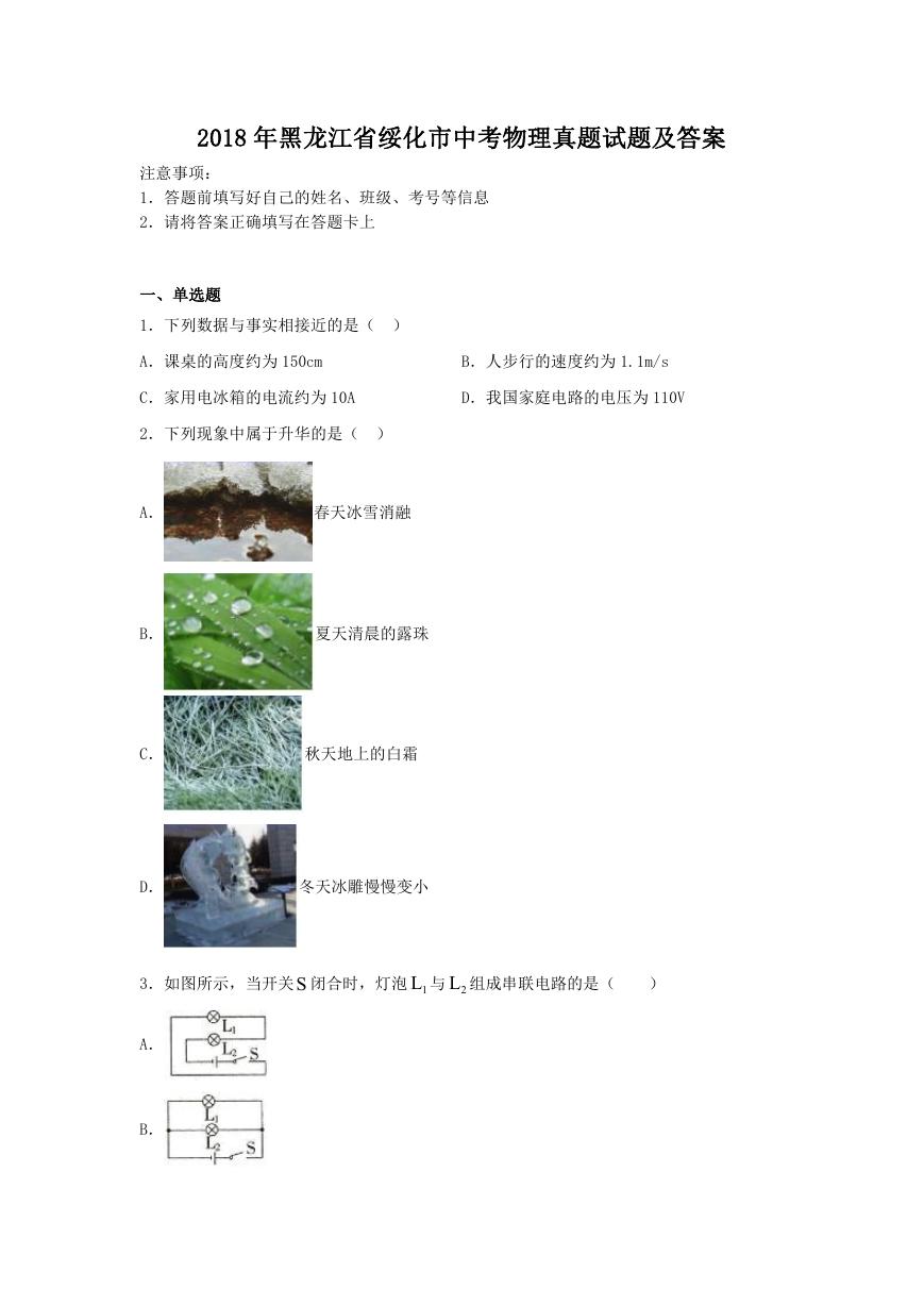 2018年黑龙江省绥化市中考物理真题试题及答案.doc