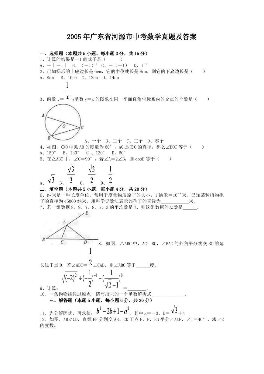 2005年广东省河源市中考数学真题及答案.doc