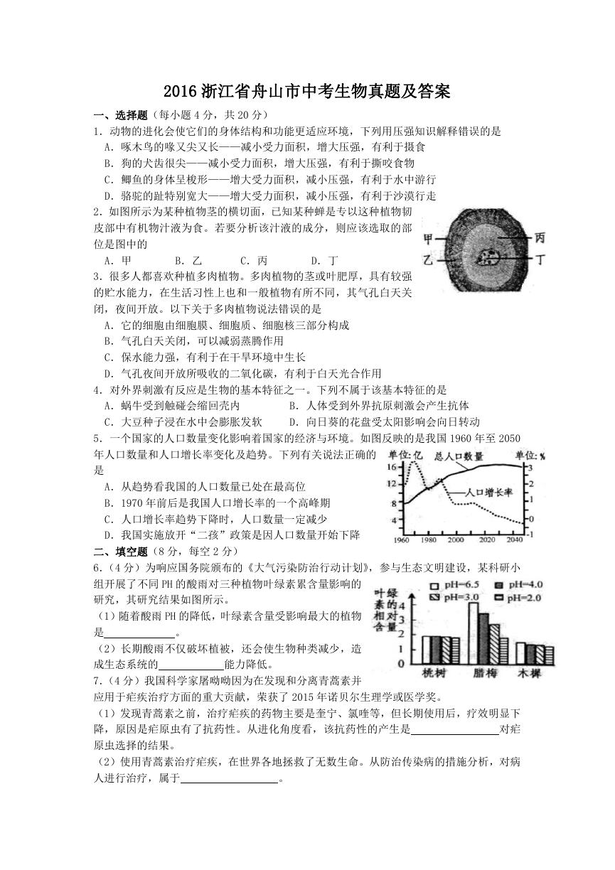 2016浙江省舟山市中考生物真题及答案.doc