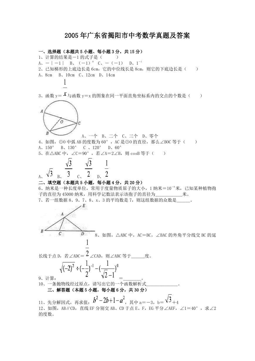 2005年广东省揭阳市中考数学真题及答案.doc