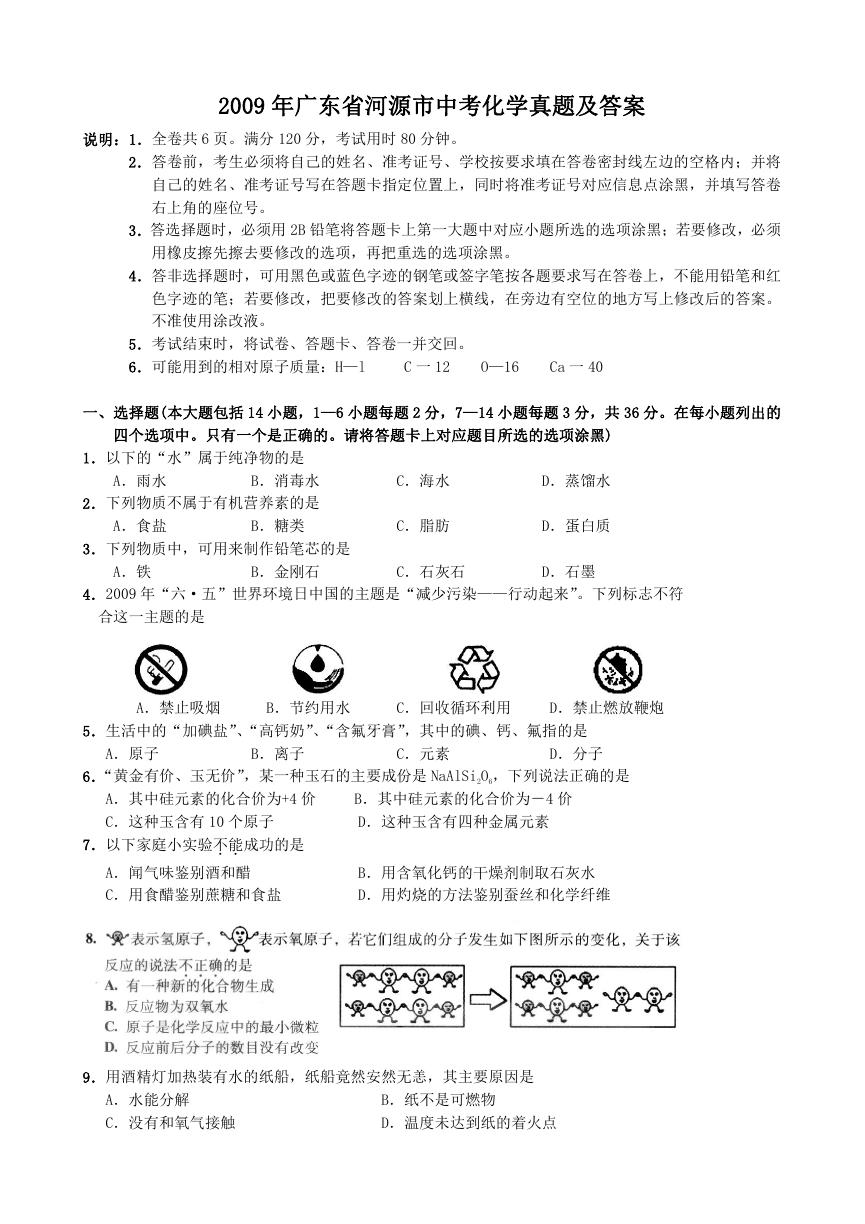 2009年广东省河源市中考化学真题及答案.doc