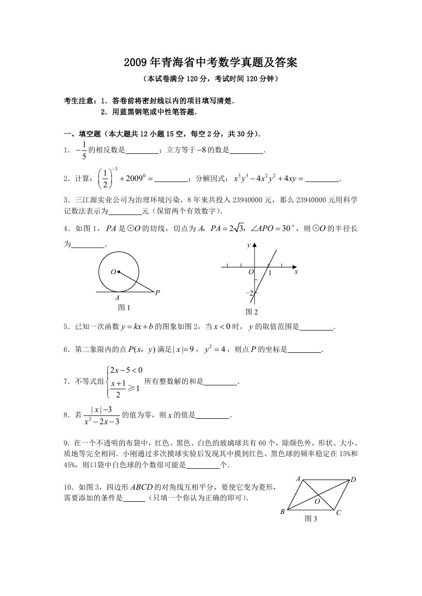 2009年青海省中考数学真题及答案.doc