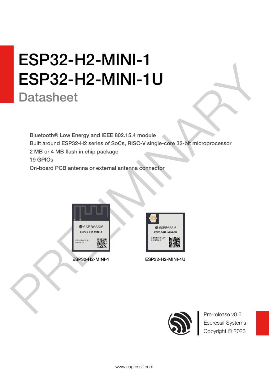 ESP32-C6-WROOM-1 Datasheet（英文）(Esp32-h2-mini-1_mini-1u_datasheet_en).pdf