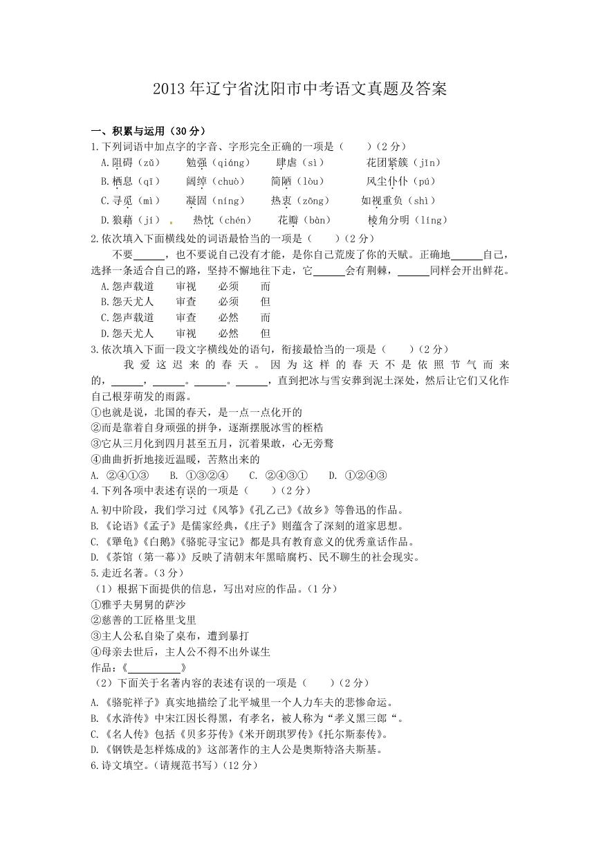 2013年辽宁省沈阳市中考语文真题及答案.doc