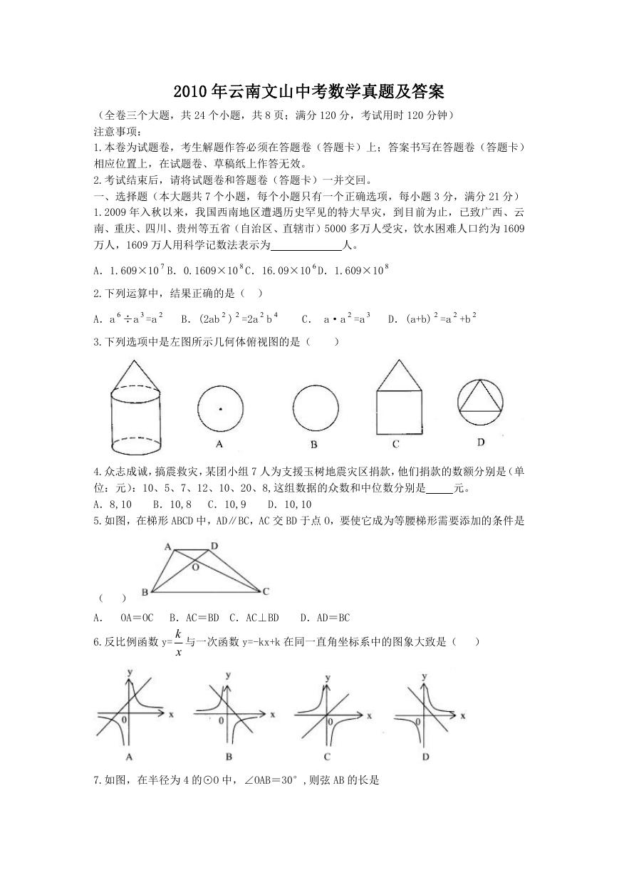 2010年云南文山中考数学真题及答案.doc