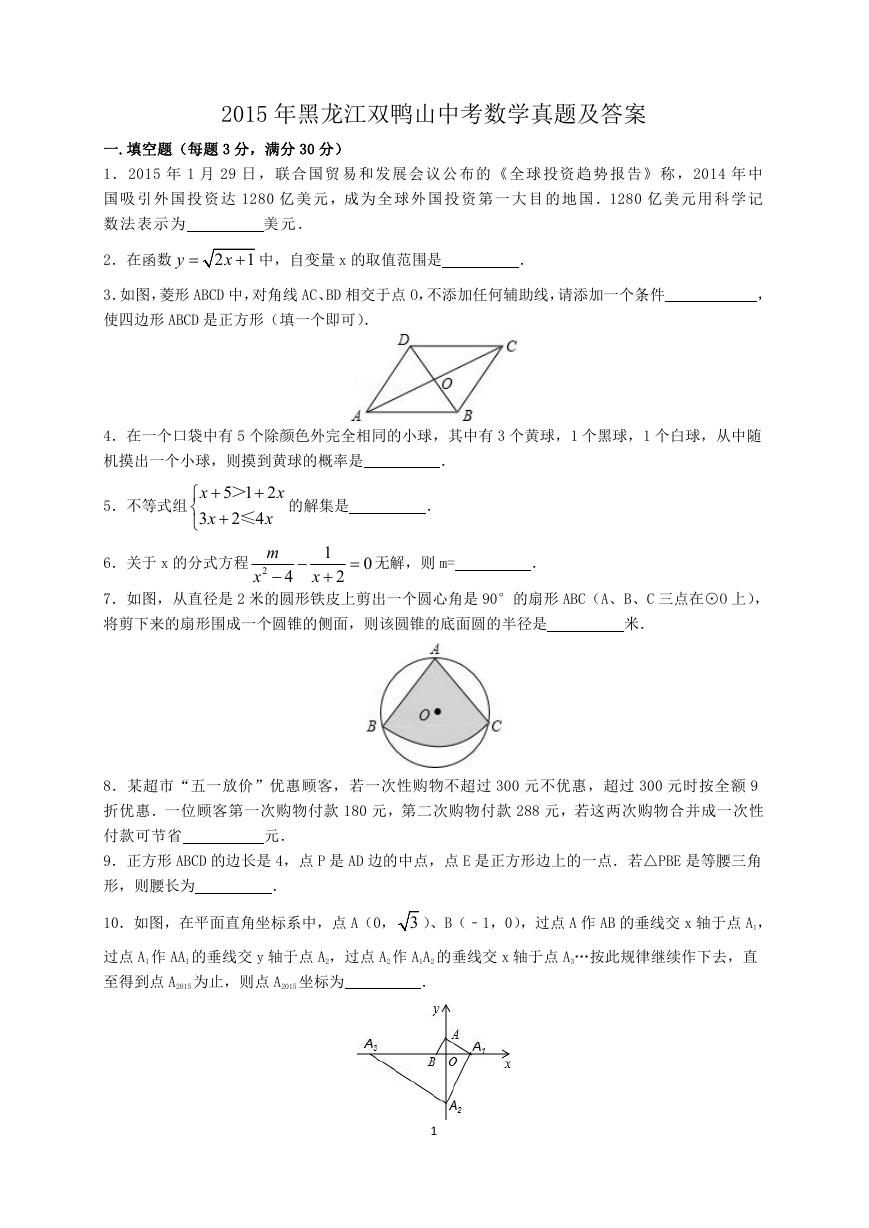 2015年黑龙江双鸭山中考数学真题及答案.doc