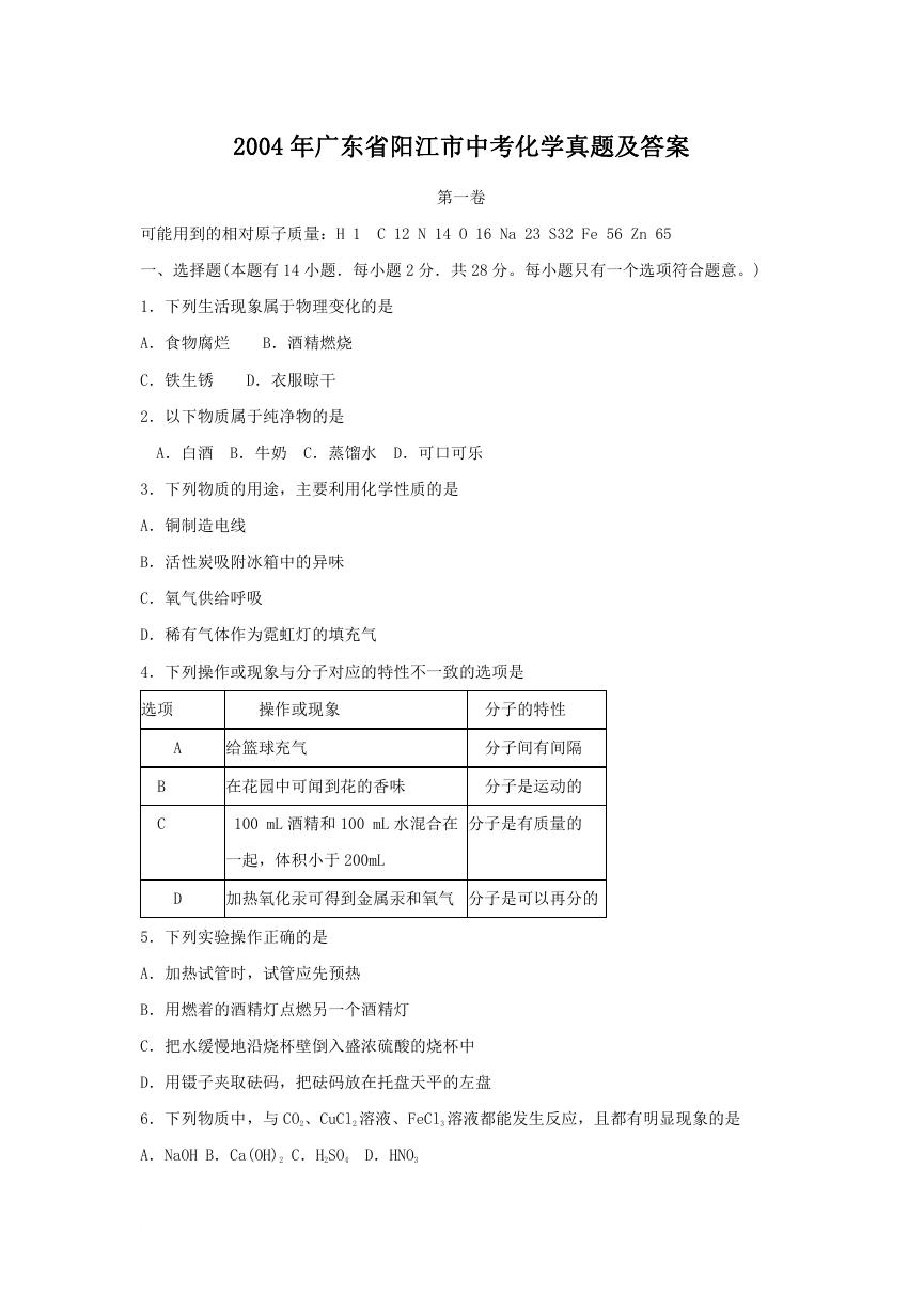 2004年广东省阳江市中考化学真题及答案.doc