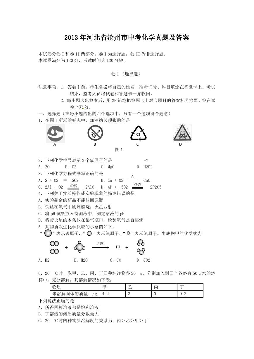 2013年河北省沧州市中考化学真题及答案.doc