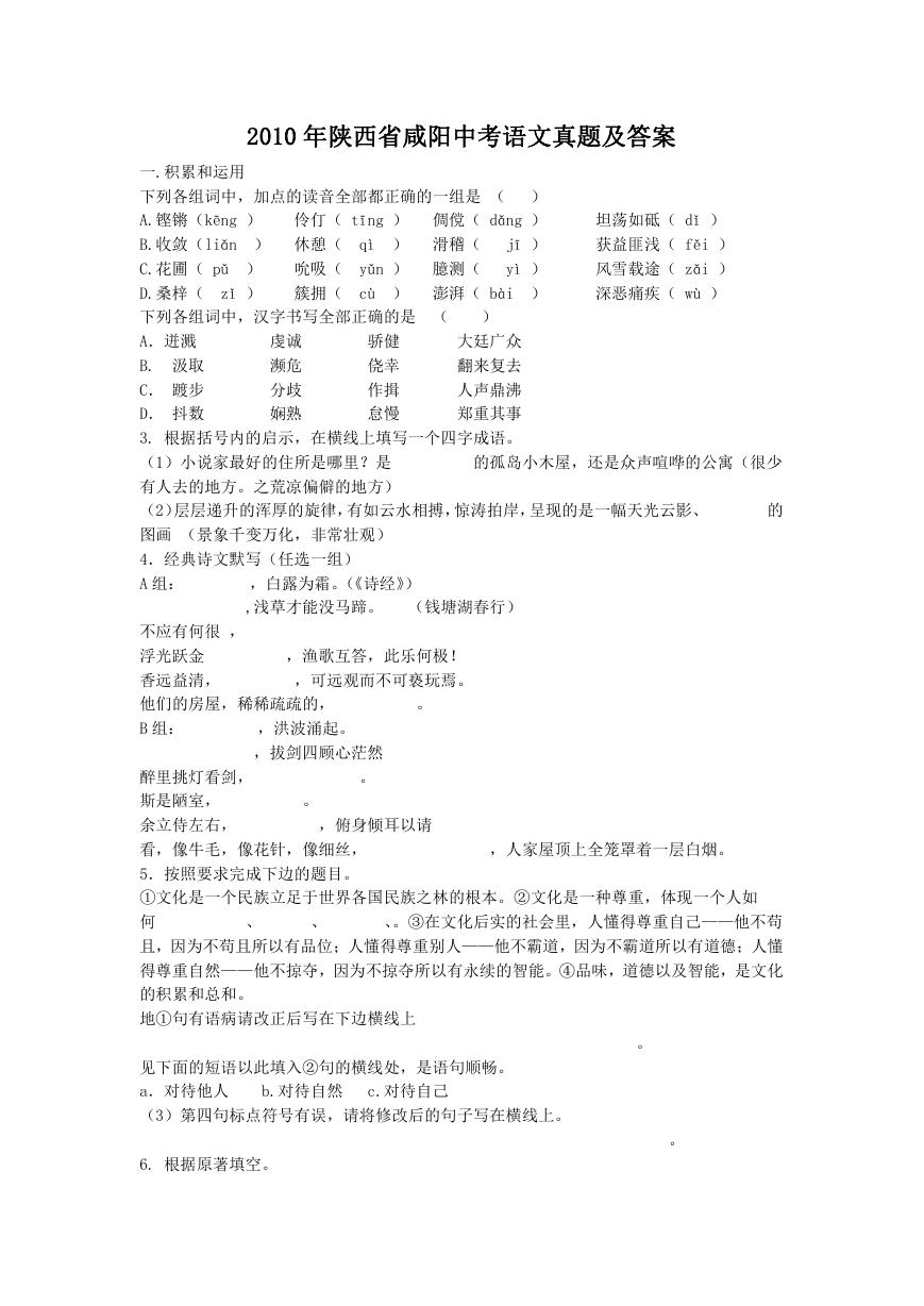 2010年陕西省咸阳中考语文真题及答案.doc