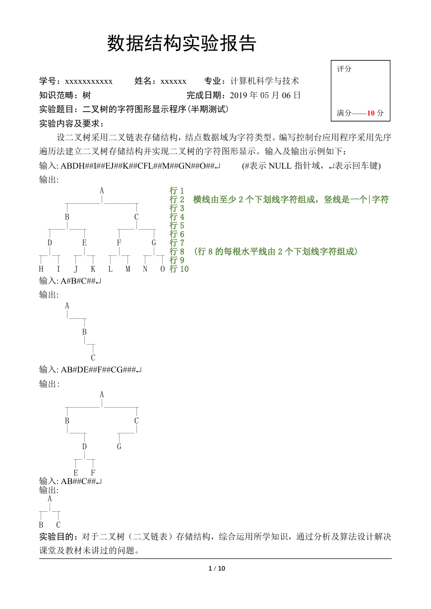数据结构实验报告7-树-二叉树的字符图形显示程序(半期测试)-实验内容与要求.docx