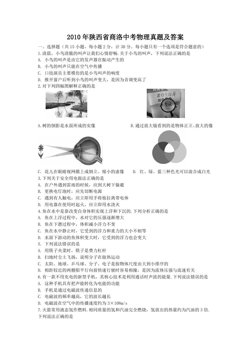 2010年陕西省商洛中考物理真题及答案.doc