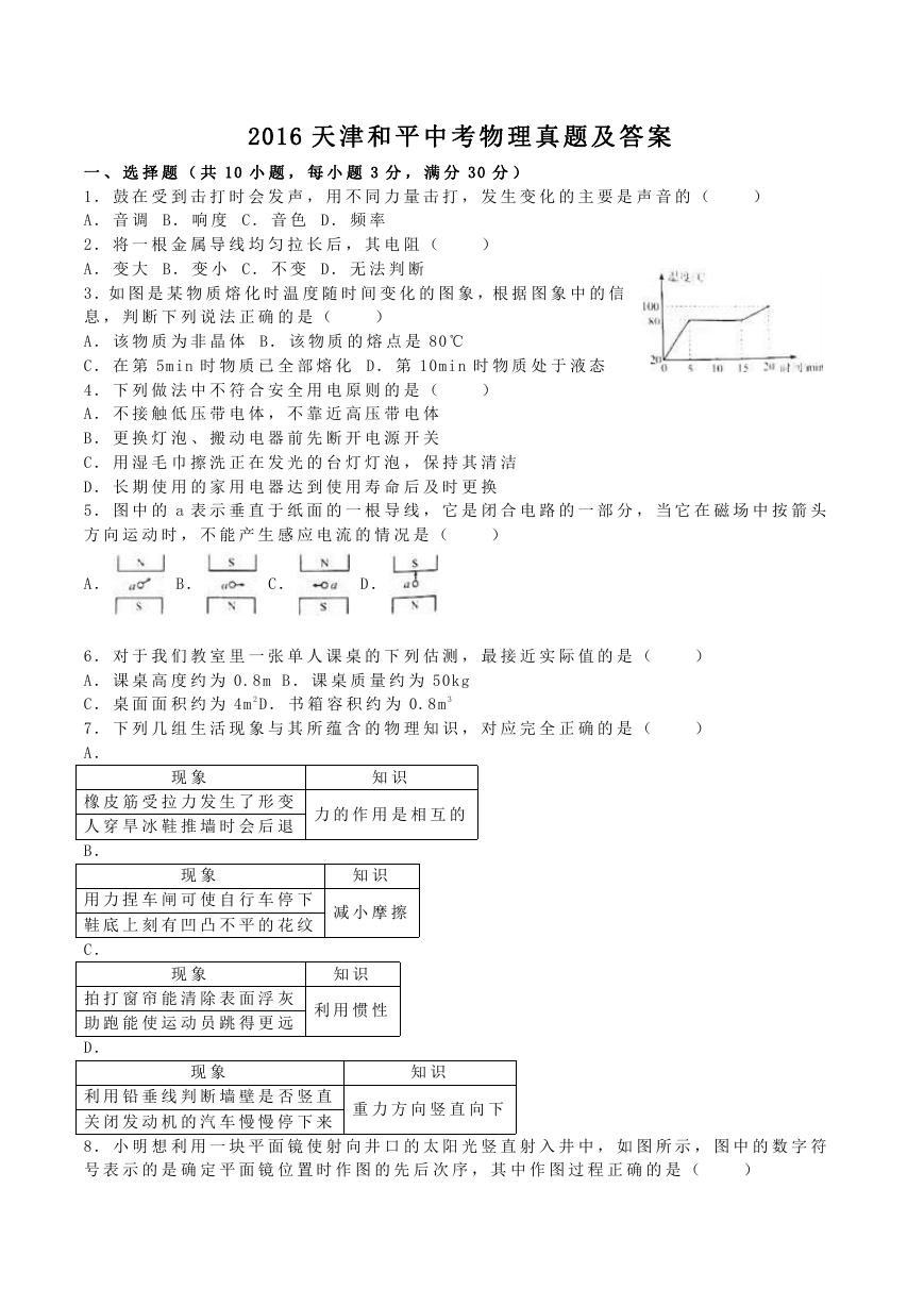 2016天津和平中考物理真题及答案.doc