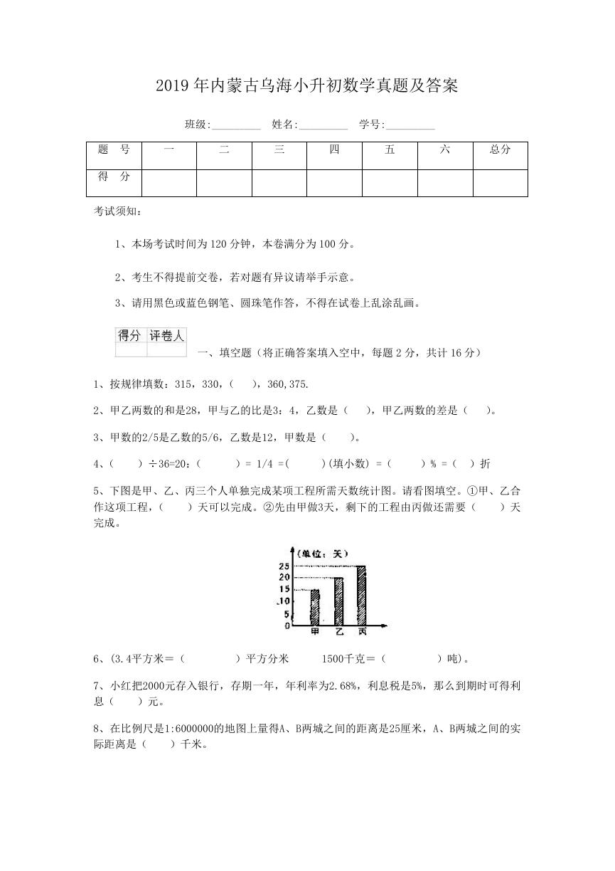 2019年内蒙古乌海小升初数学真题及答案.doc