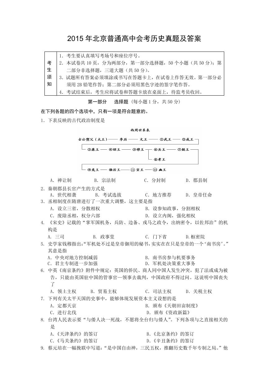2015年北京普通高中会考历史真题及答案.doc