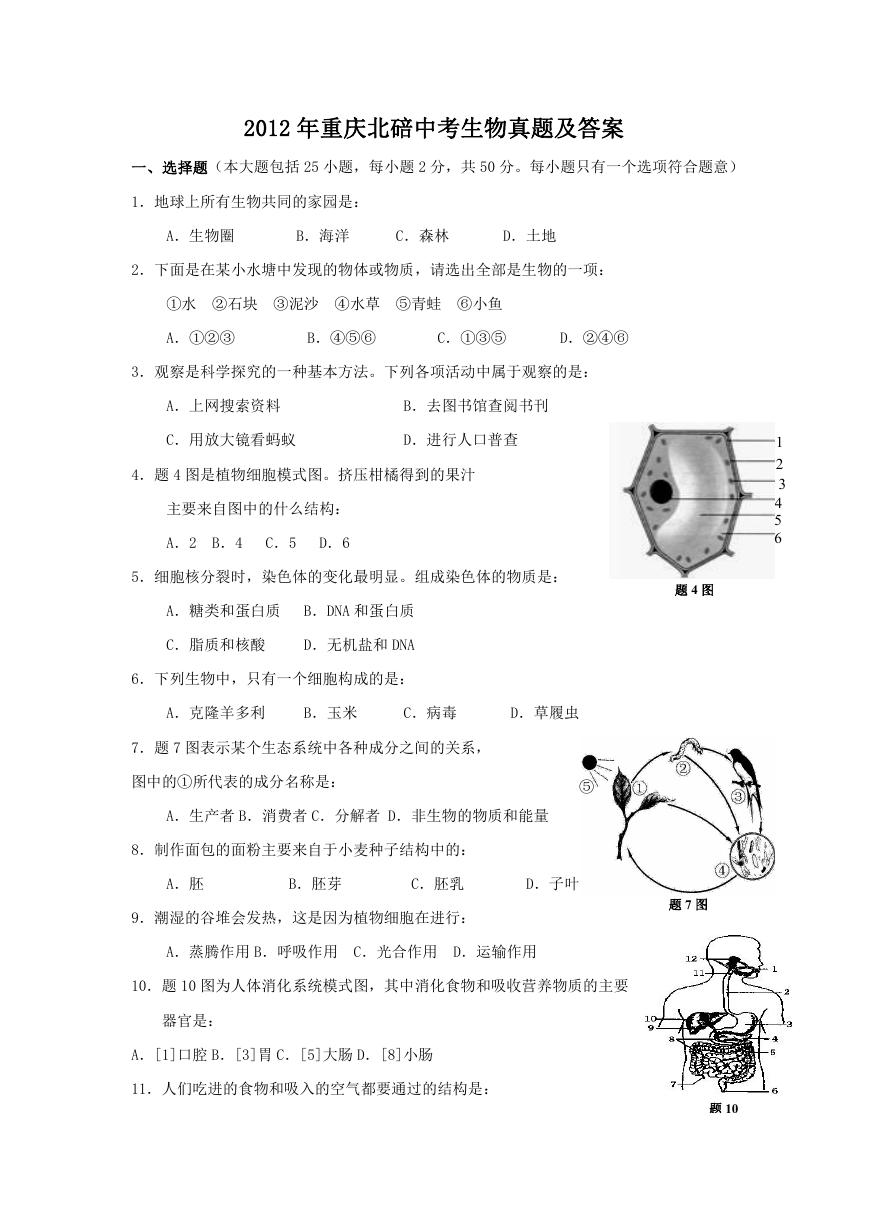 2012年重庆北碚中考生物真题及答案.doc