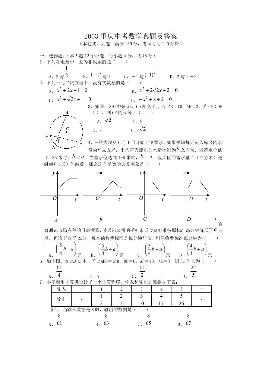 2003重庆中考数学真题及答案.doc