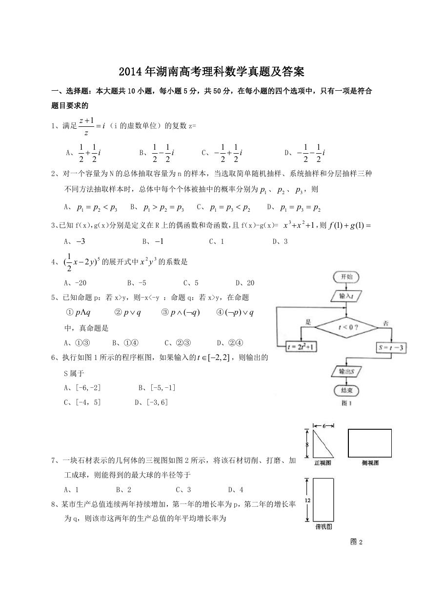 2014年湖南高考理科数学真题及答案.doc