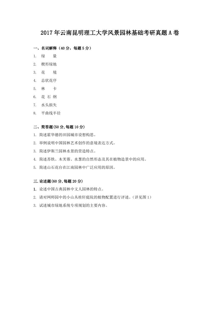 2017年云南昆明理工大学风景园林基础考研真题A卷.doc