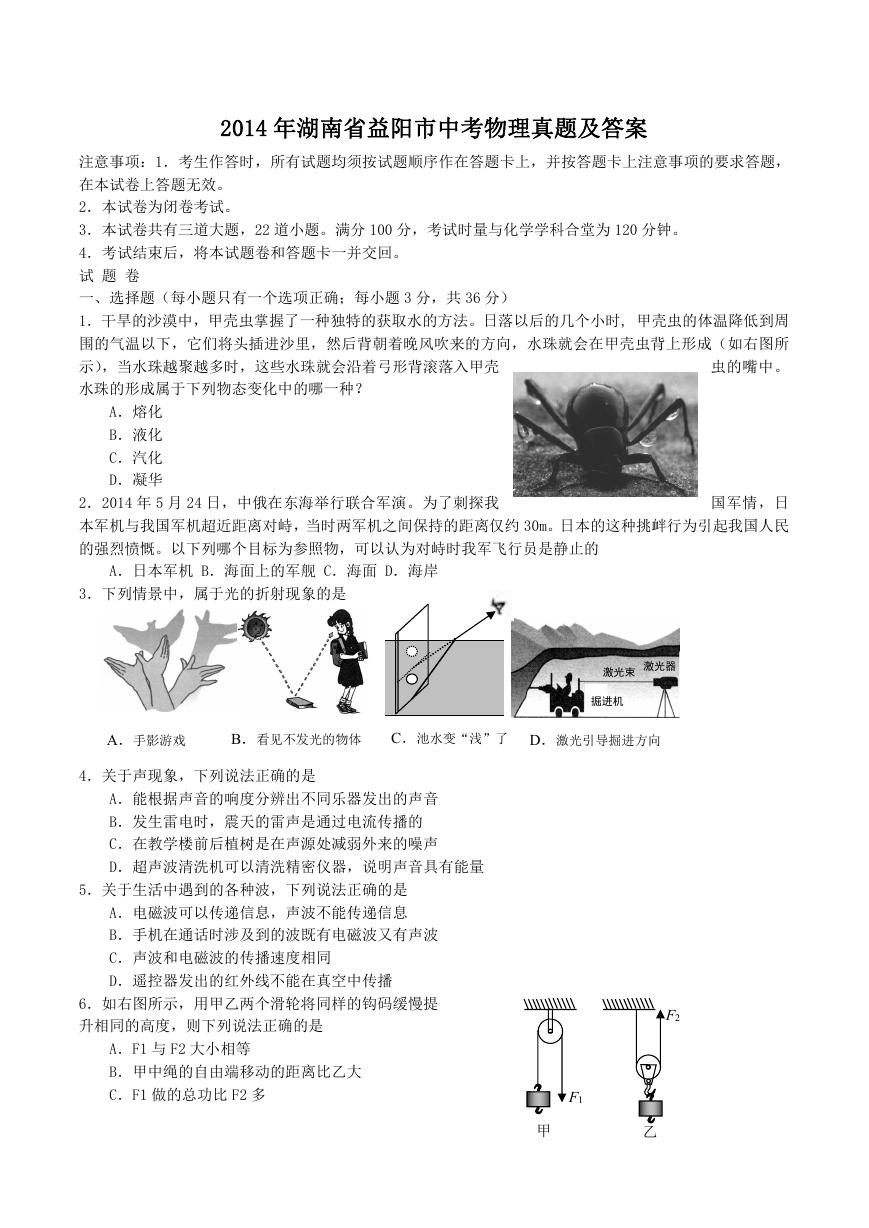 2014年湖南省益阳市中考物理真题及答案.doc