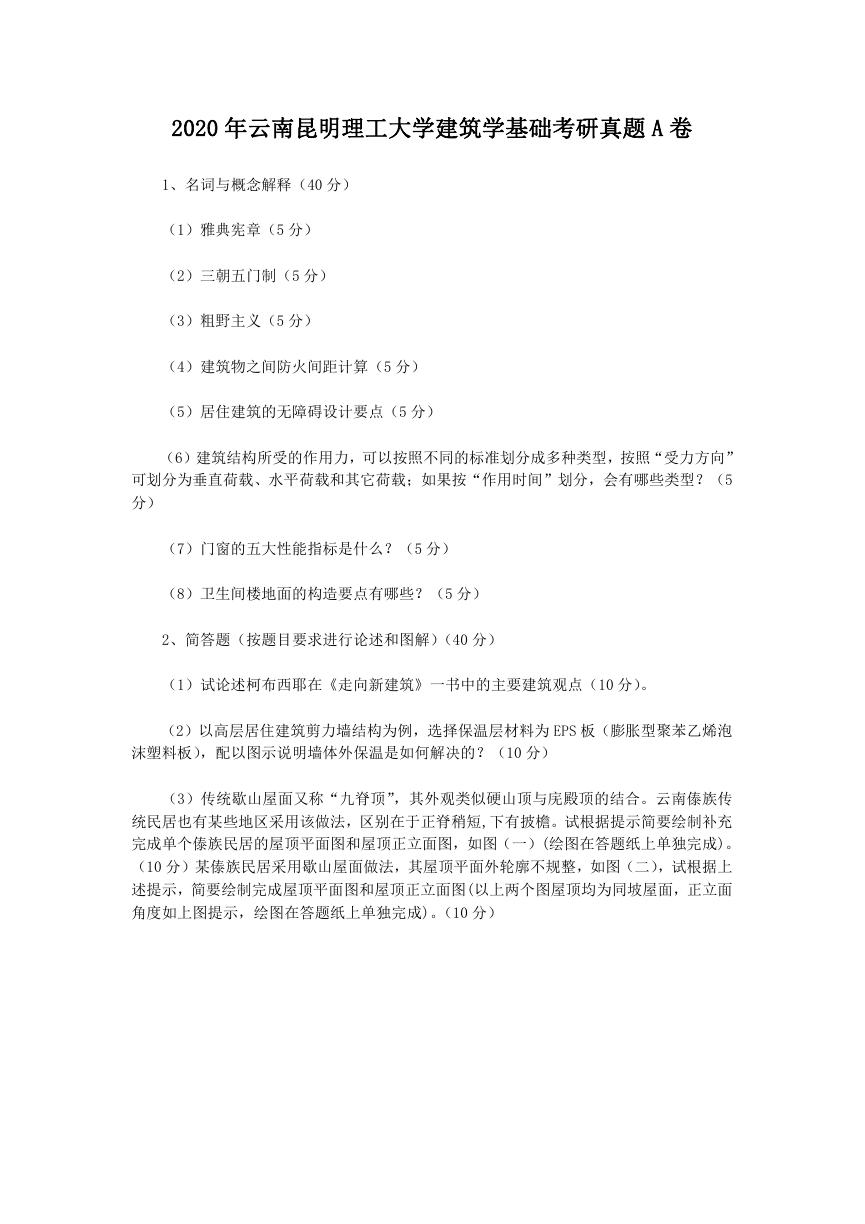 2020年云南昆明理工大学建筑学基础考研真题A卷.doc