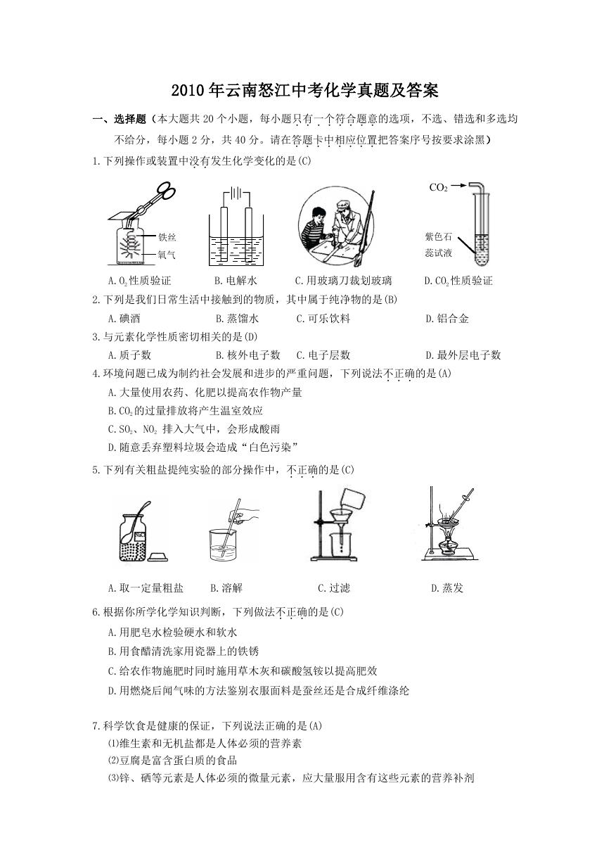 2010年云南怒江中考化学真题及答案.doc