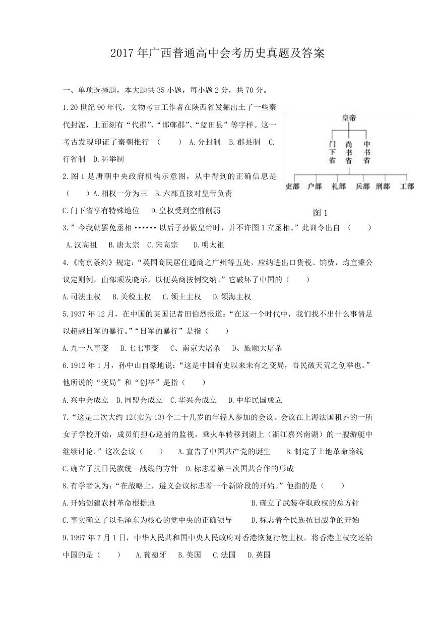 2017年广西普通高中会考历史真题及答案.doc