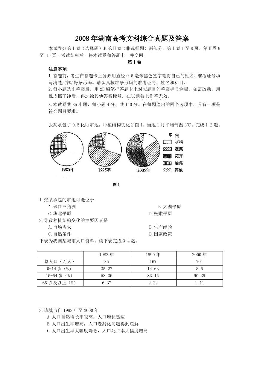 2008年湖南高考文科综合真题及答案.doc