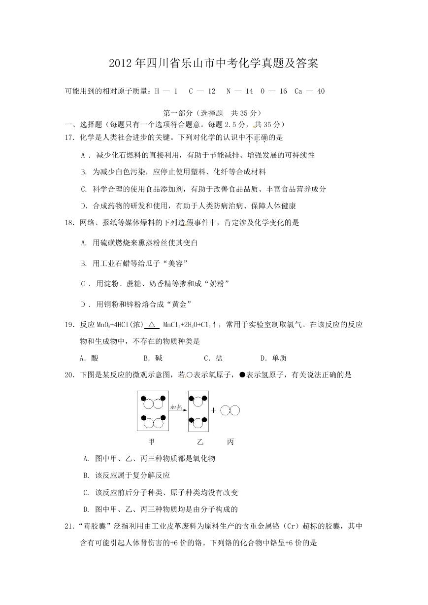 2012年四川省乐山市中考化学真题及答案.doc