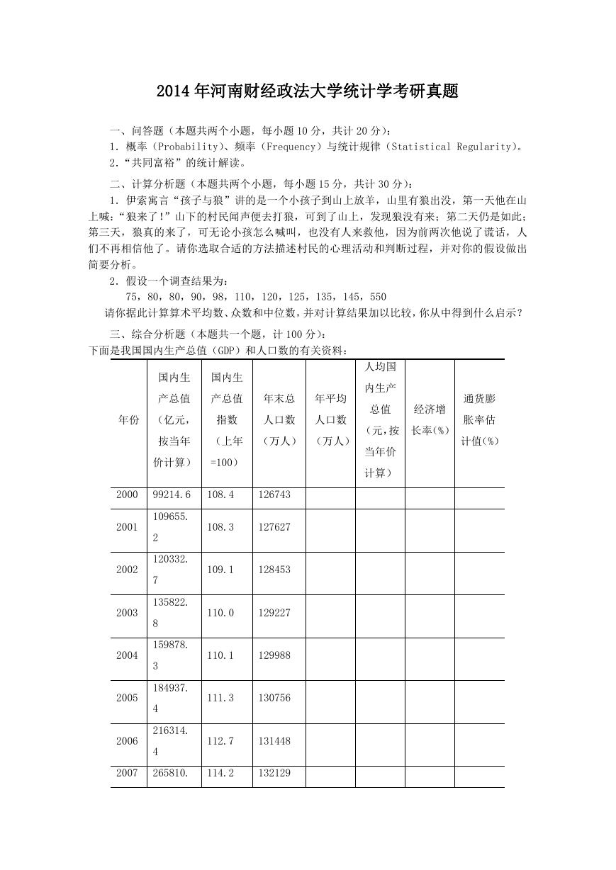 2014年河南财经政法大学统计学考研真题.doc