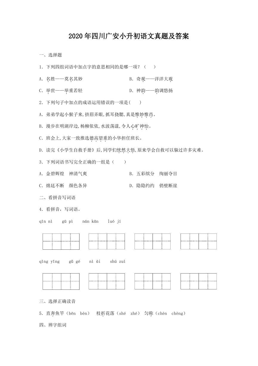 2020年四川广安小升初语文真题及答案.doc