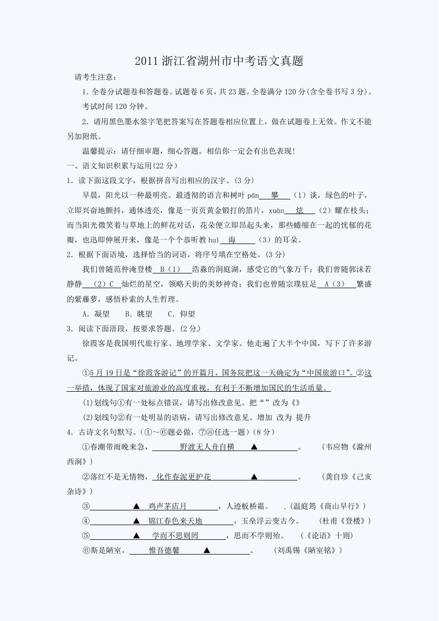 2011浙江省湖州市中考语文真题.doc