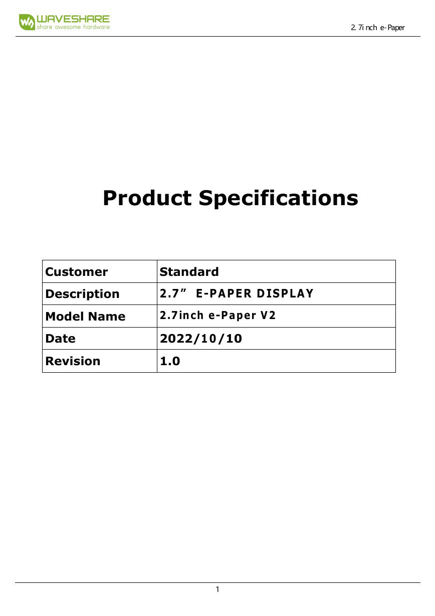 2.7inch e-Paper V2 数据手册（当前版本）(2.7inch_e-Paper_V2_Specification).pdf