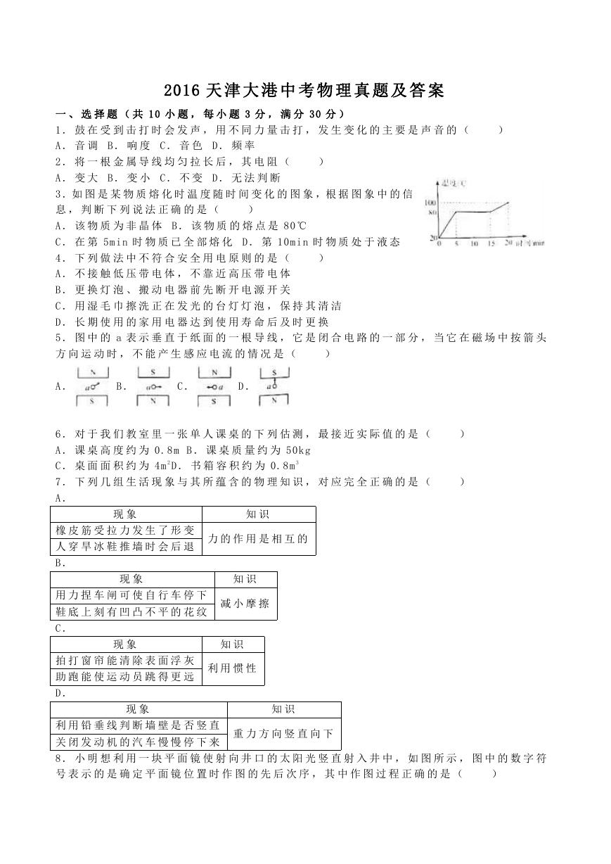 2016天津大港中考物理真题及答案.doc