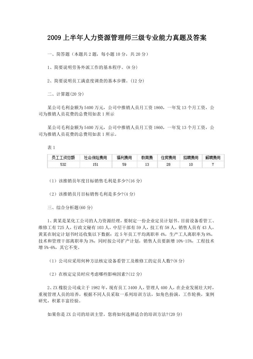 2009上半年人力资源管理师三级专业能力真题及答案.doc