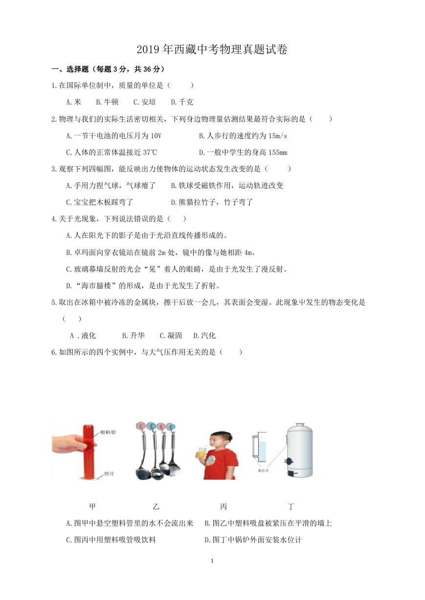 2019年西藏中考物理真题试卷.doc