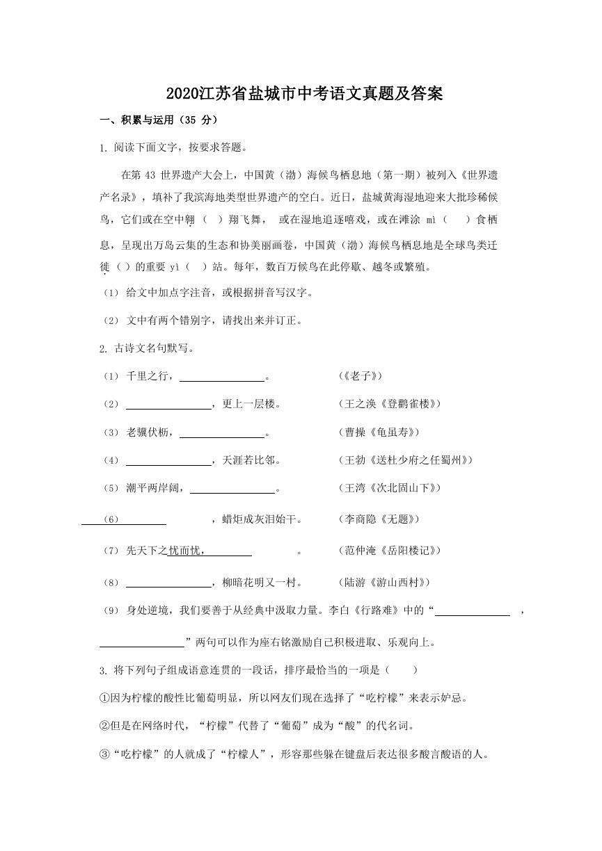 2020江苏省盐城市中考语文真题及答案.doc