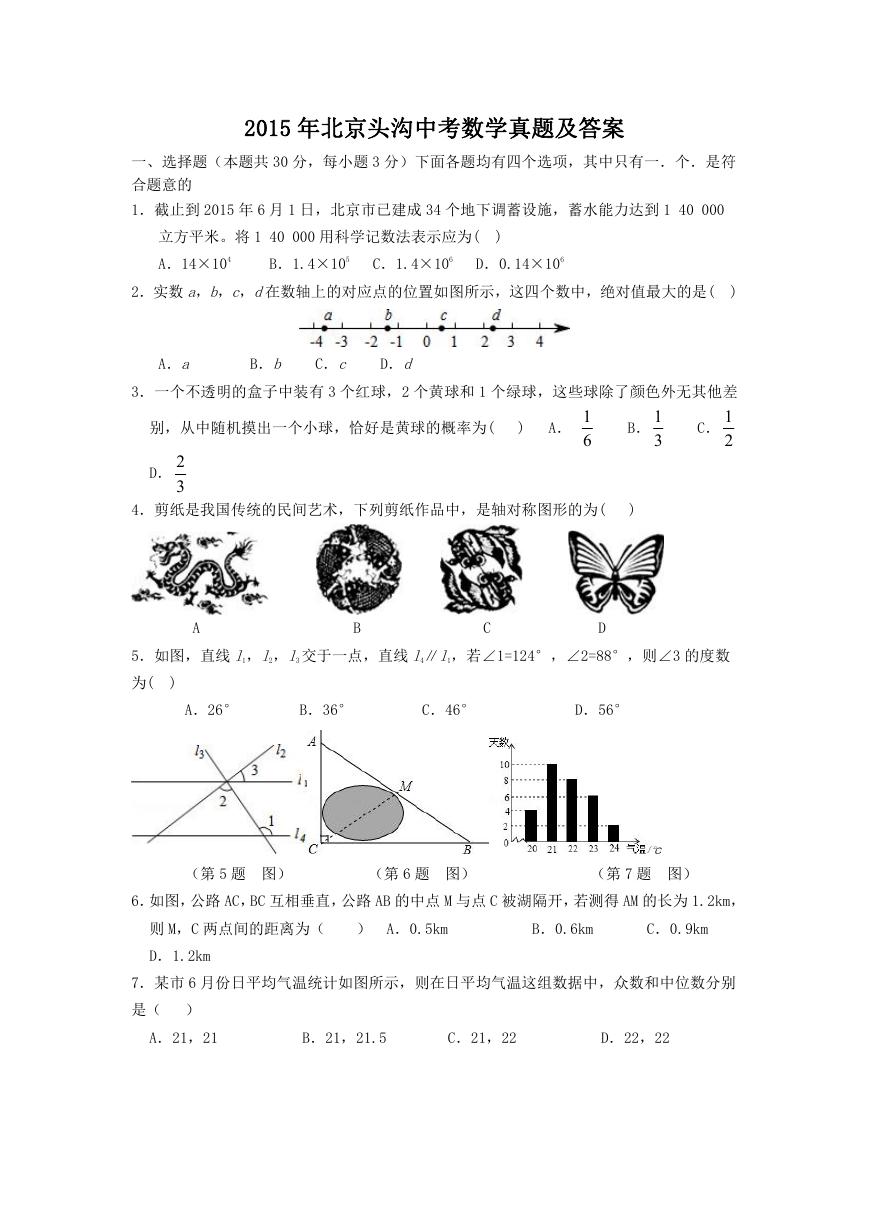 2015年北京头沟中考数学真题及答案.doc