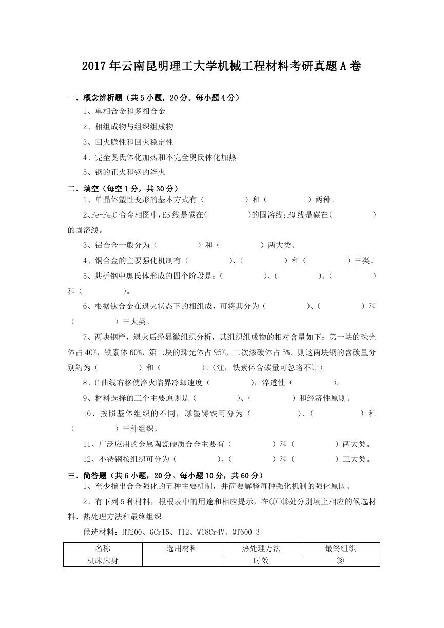 2017年云南昆明理工大学机械工程材料考研真题A卷.doc