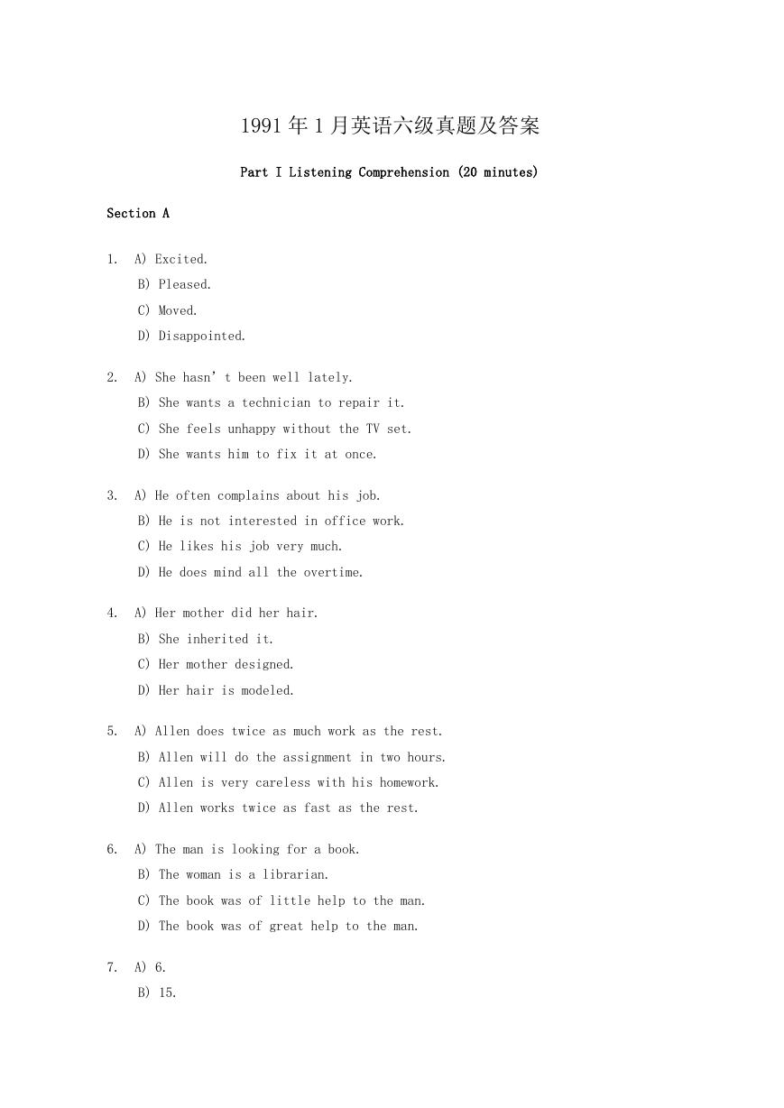 1991年1月英语六级真题及答案.doc
