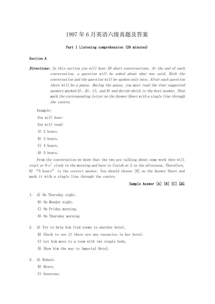 1997年6月英语六级真题及答案.doc