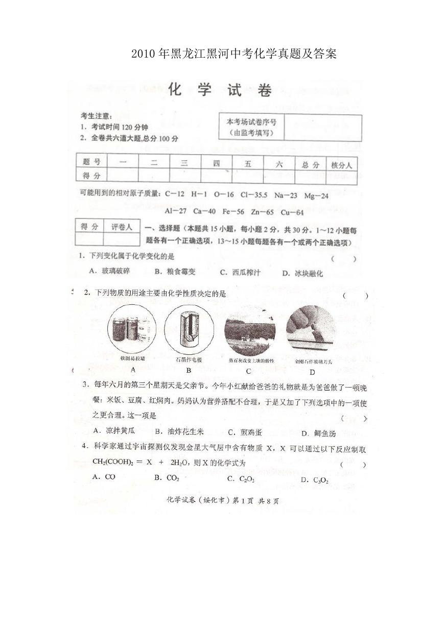 2010年黑龙江黑河中考化学真题及答案.doc