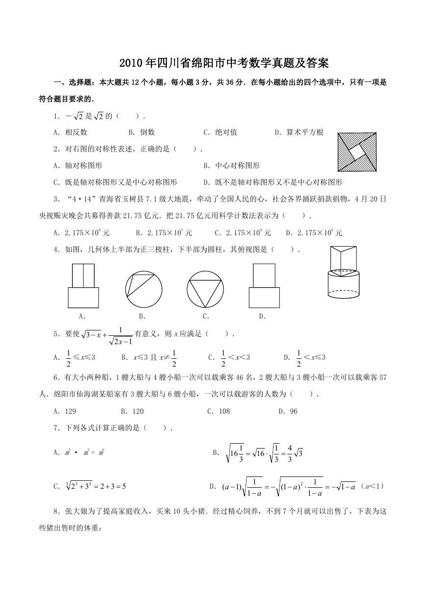 2010年四川省绵阳市中考数学真题及答案.doc